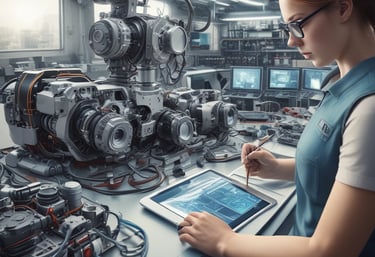 Close-up of hands assembling a mechanical component inside a high-tech workshop.