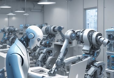 A sleek modern office with screens displaying AI-driven automation workflows.