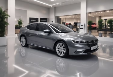 A luxury vehicle in a showroom setting, with a prominent front grille and sleek design. The environment is well-lit, showcasing multiple high-end cars on display.