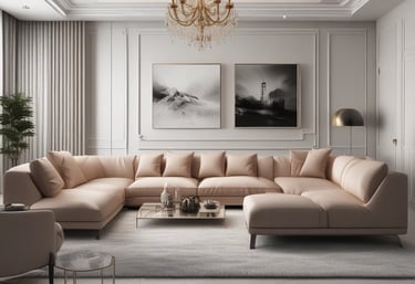 A modern furniture showroom with several sofas and beds displayed. The interior is illuminated with ceiling lights and features white brick columns. A person is seen sitting on a chair in the background.