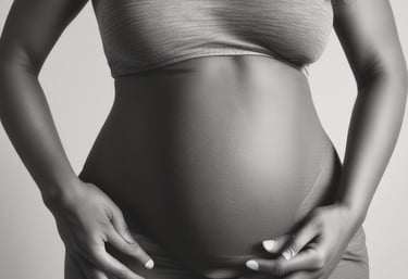 A pregnant woman is gently holding her bare belly with both hands. She is wearing a black lacy bra and an open black robe. The background is softly blurred, with a light, neutral tone.