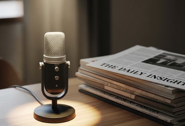 A professional microphone next to a stack of papers