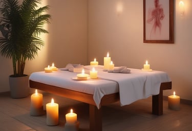 Two lit candles are positioned in the foreground, surrounded by decorative elements such as pine cones and a dried citrus slice. The candles emit a soft, warm glow, casting flickering shadows and creating an intimate atmosphere.