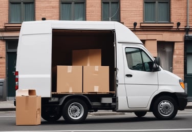 A large delivery truck and a smaller blue van are parked on the side of a road next to a park. A person is standing near the truck's door. Several packages and boxes are placed on the ground between the vehicles. The surrounding area features green trees and a small water fountain within a park setting.