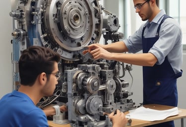 A group of engineers collaborating over technical blueprints in a modern office.