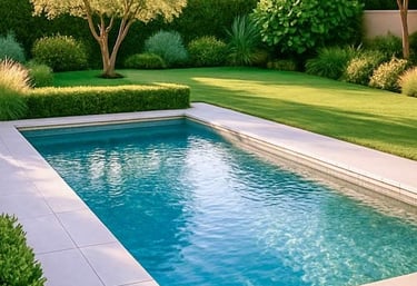 Clean backyard pool surrounded by green lawn and trees, ideal for homeowners looking for reliable pool maintenance