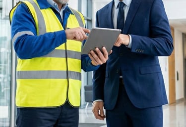 Supervisor de calidad realizando control periódico de servicios de mantenimiento y limpieza - Valkiria elite global service