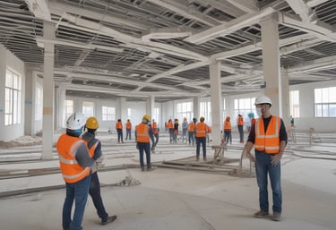 Construction workers installing drywall inside a modern building.