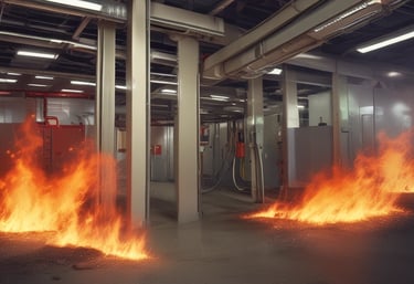 Technician inspecting fire extinguishers and emergency lighting equipment in a commercial building.
