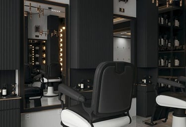 a salon chair in a salon with a chandelier