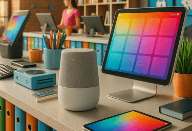 Smart speaker and colorful tablet POS setup in modern store. Affordable tech for small businesses.