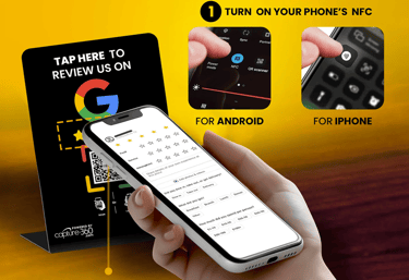 Black NFC menu stand on colorful restaurant table. Fast food digital ordering with QR and tap.