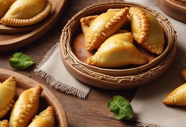 An assortment of baked pastries and empanadas on display with labels indicating different types and prices. The pastries are neatly arranged in rows, showcasing various fillings and crusts. The warm lighting emphasizes the golden-brown color of the baked goods.