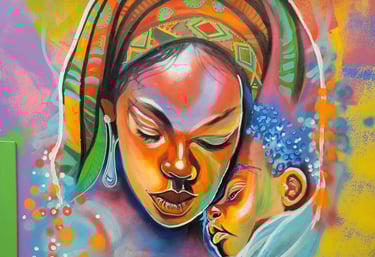 A colorful image of a mother and child painted in WIC office.