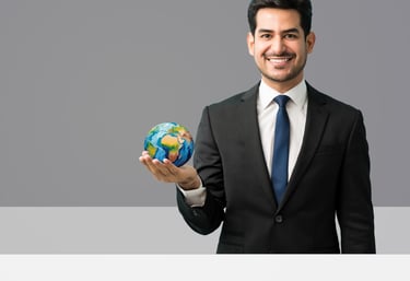 man holding a globe with his right hand 