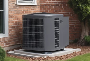 A modern, rectangular air conditioning or heating unit with the logo 'alpha innotec' is installed outside a building with a dark gray brick exterior. The unit is positioned against a light concrete wall, and there is overgrown grass along the edge of the pavement.