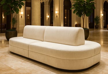 Sophisticated beige curved banquette centerpiece in a luxury lobby, designed by Solo Home Décor for hospitality spaces.