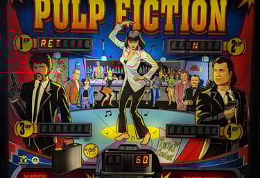 Fronton du Flipper Pulp Fiction de Chicago Gaming, disponible à la location et à l'exploitation