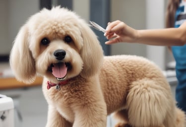 A calm dog being groomed in a bright, pastel-colored salon.