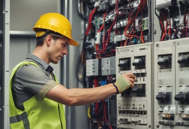 Worker wearing protective gear inspecting electrical panel in industrial setting.