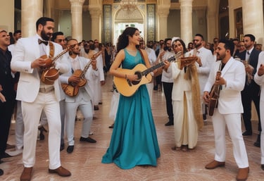 A beautifully decorated event hall with elegant lighting and tables set for a celebration.