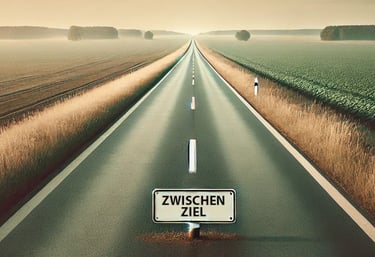 lange Strasse mit dem Schild Zwischenziel