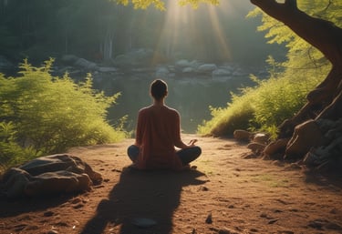 A tranquil scene of a person meditating in nature.
