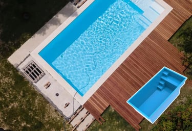 a pool with a wooden deck and a pool