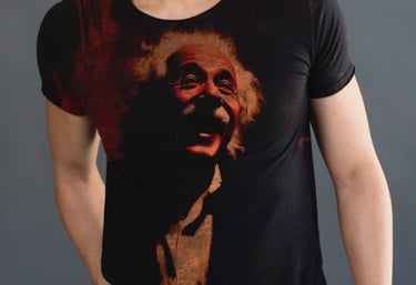 un homme porte un tee shirt noir avec un visuel de Einstein sur la face avant