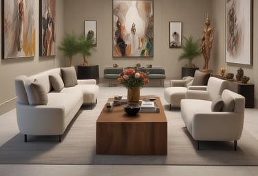 A vibrant art installation featuring a mix of traditional and contemporary pieces.