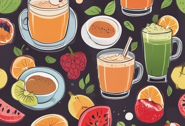 Close-up of a colorful plate with focaccia, salad, and a glass of natural juice.