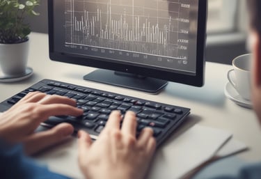 A person is typing on a MacBook Pro, viewing a website titled 'Personalize your portfolio.' The webpage displays three sections related to investing, each with different images and text. The laptop is on a grey table with a dark sofa and indoor plants in the background.