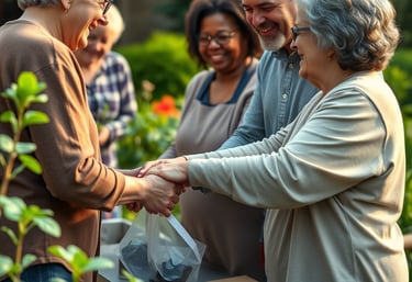 un homme et une femme se serrant la main dans un jardin