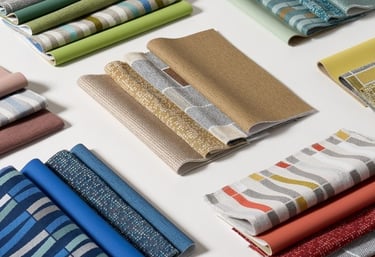 A collection of colorful patterned textile swatches and fabric samples for interior design and upholstery.