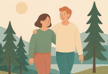 a man and woman walking down a path