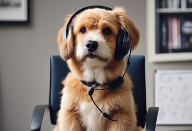 A calm, modern workspace with a laptop showing canine nutrition charts and a resting active dog beside it.