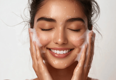 a woman with her hands on her face and smiling