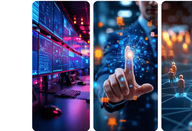Montagem com três imagens representando tecnologia e transformação digital