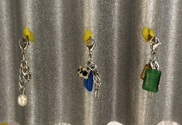 Three fun.arc.ik. necklace charms with pearls, blue stone, Dalmatian jasper, and green stone