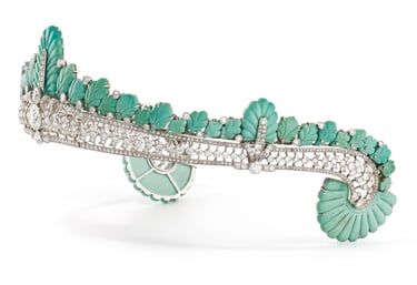 Side view of Nancy Astor’s Cartier turquoise and diamond tiara, circa 1930.