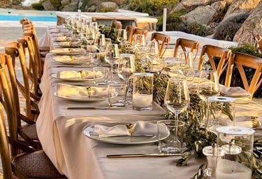 a long table with a long table set for a dinner
