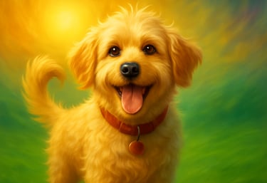 a golden doodle dog is standing in the grass with a sun shining behind it