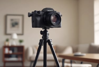 A Canon EOS 77D camera with a flash attachment rests on a maroon tablecloth. Nearby, a small bouquet of white and red roses adds a touch of elegance. In the background, a softly focused gathering of people is visible, indicating a possible event or meeting.
