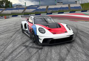 an Enlab white and red Porsche sports car on a track