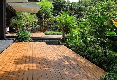 Composite decking. An outdoor condominium resort style landscape