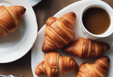 a table with a plate of croissantand a cup of coffee