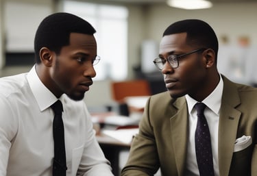 A confident leader speaking passionately to a small team in a modern office.