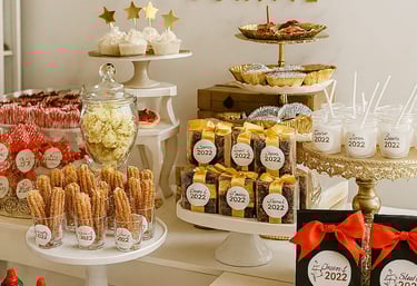 Mesa de dulces postres gourmet bocadillos personalizados temática evento fiesta 