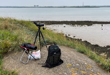 Essential urban birdwatching equipment at the Thames; camera, tripod, scope, bag, chair and lunch.