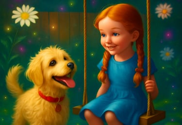 a girl sitting on a swing set with a dog